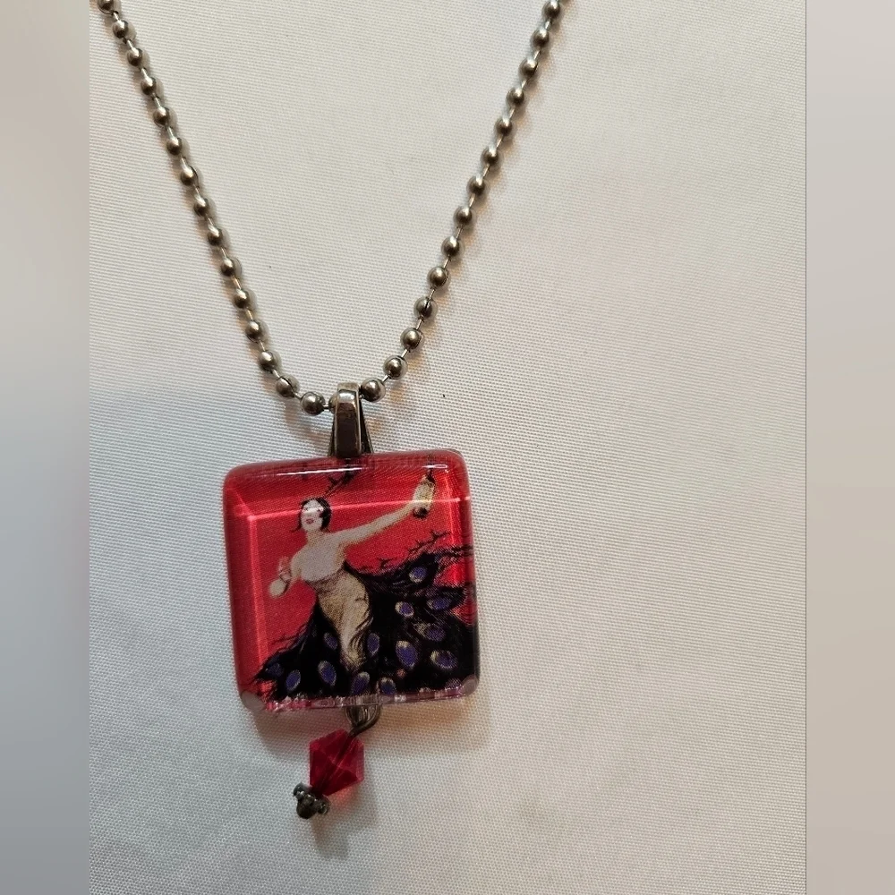 Hand Crafted vintage necklace handmade red & purple paper resin art ball chain